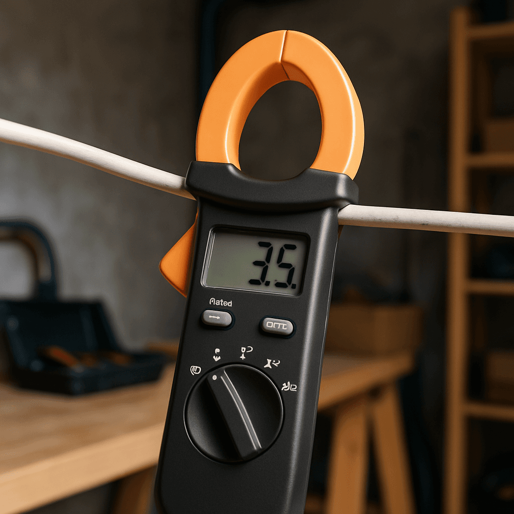 A digital clamp meter measuring electrical current on a household wire