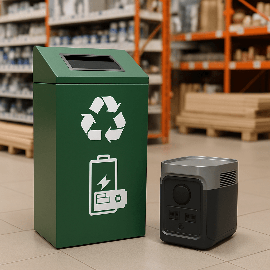 A lithium battery recycling drop-off bin at a hardware store