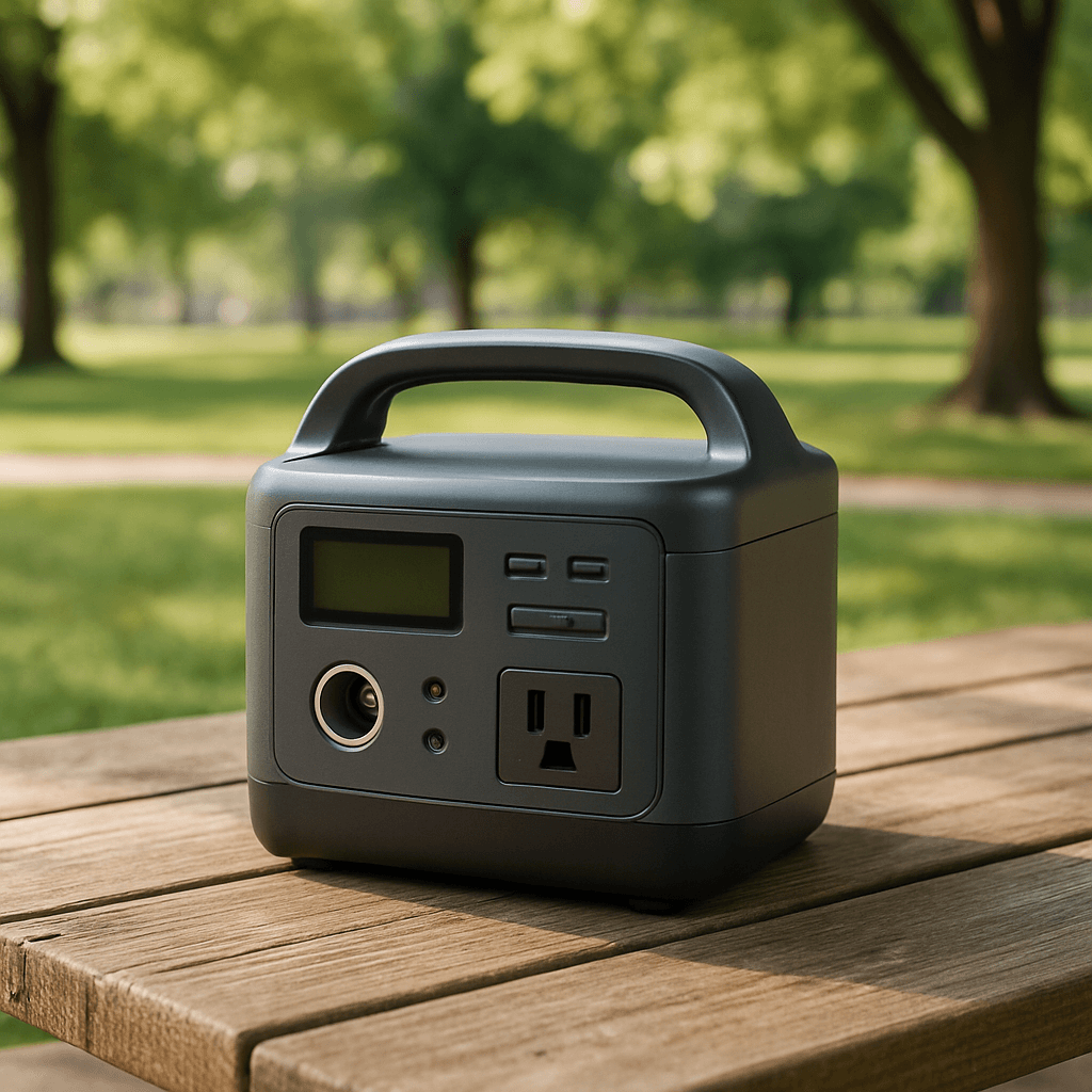 A simple portable power station on a picnic table in a park