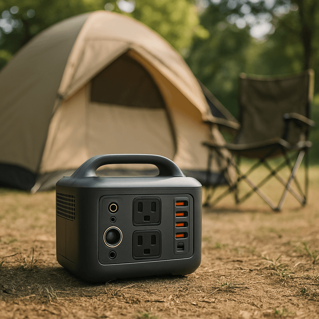 An affordable portable power station at a simple campsite