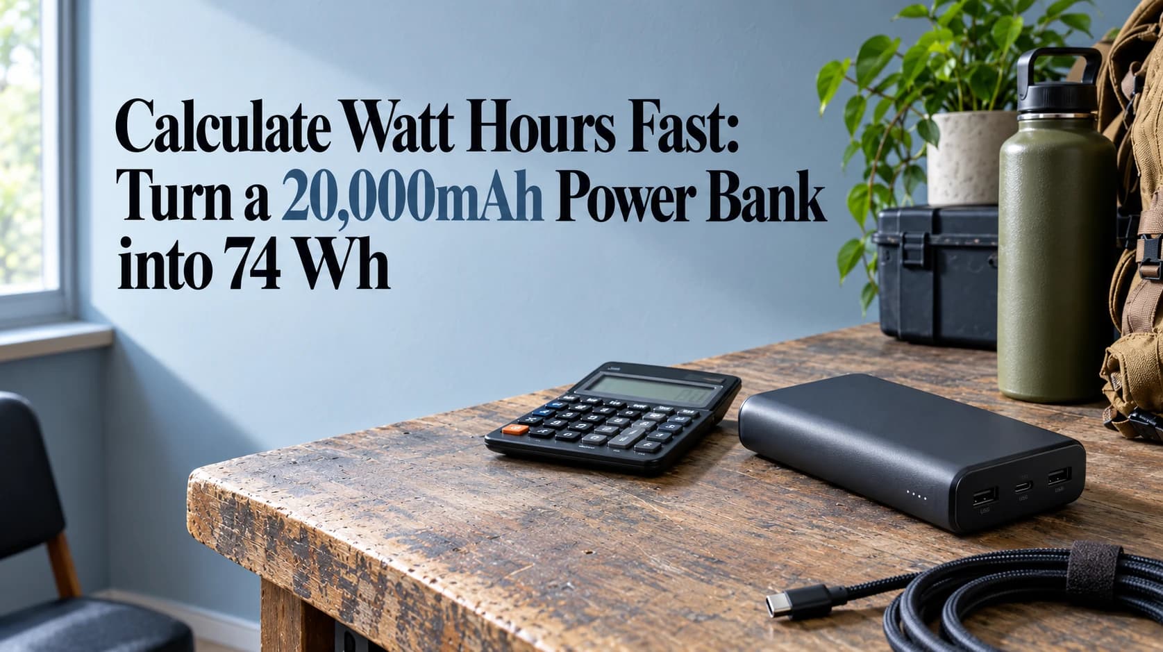 Calculate watt hours fast - a 20,000mAh power bank (74 Wh) next to a calculator on a wooden desk
