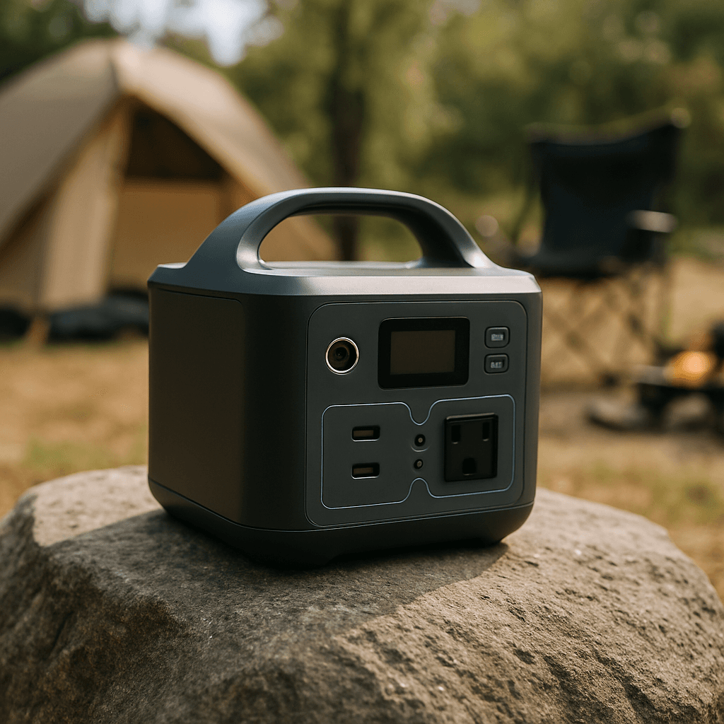 A small compact portable power station on a rock at a campsite