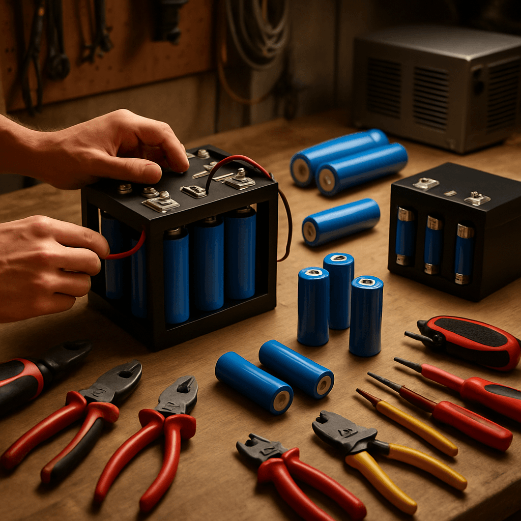 DIY modular battery system being assembled in a workshop