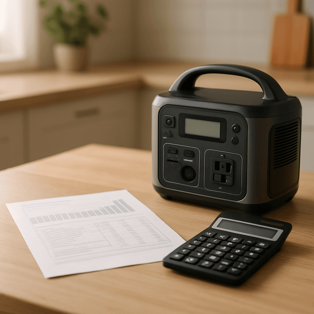 A household electricity bill and calculator next to a small portable power station