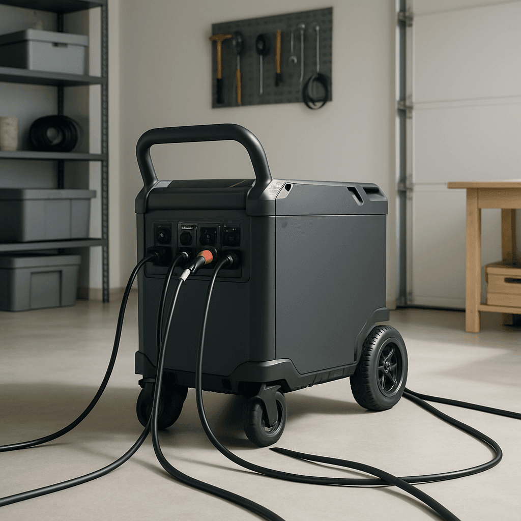 A large portable power station on wheels in a home garage