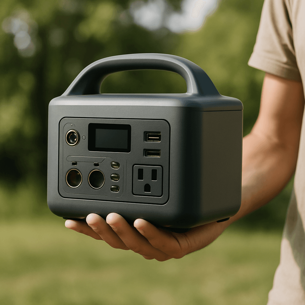 A small portable power station held in one hand outdoors