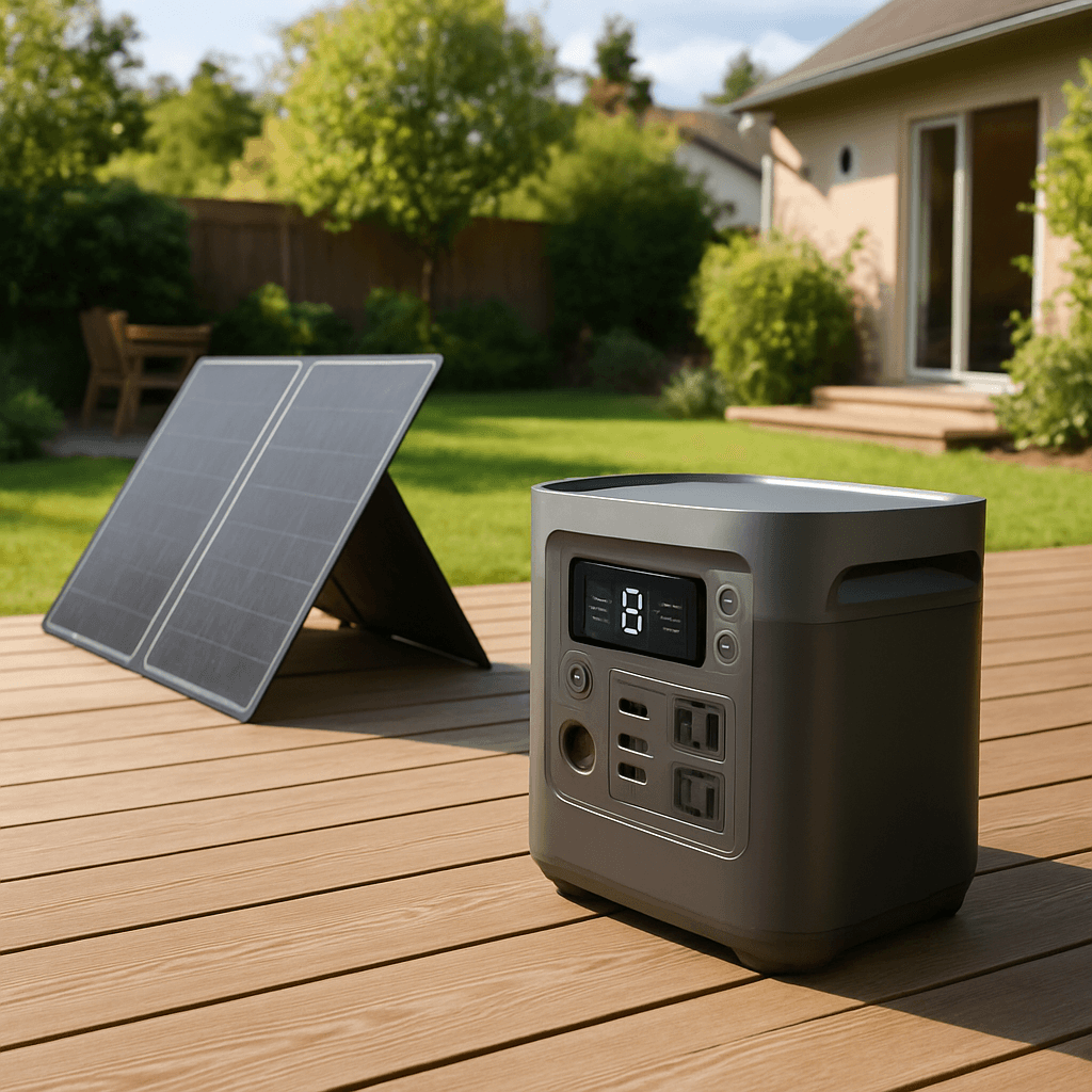 Portable power station on a backyard deck with a solar panel