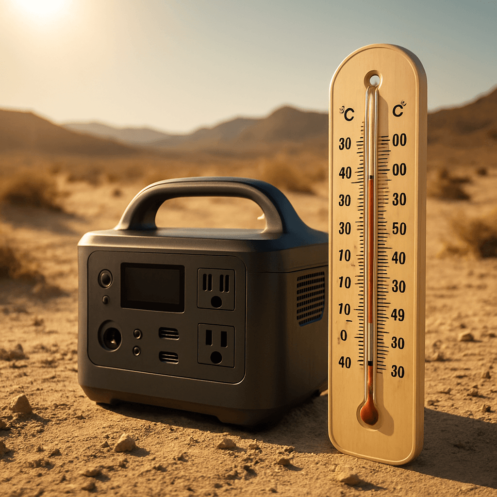 A portable power station in bright desert sunlight next to a thermometer