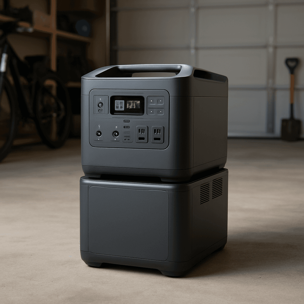 A large portable power station with an expansion battery in a garage