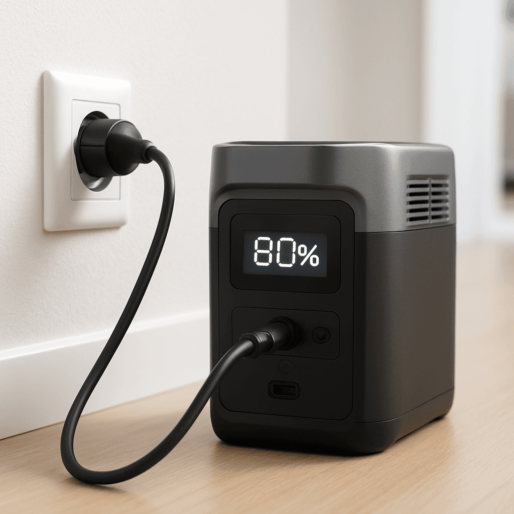Portable power station charging from a wall outlet