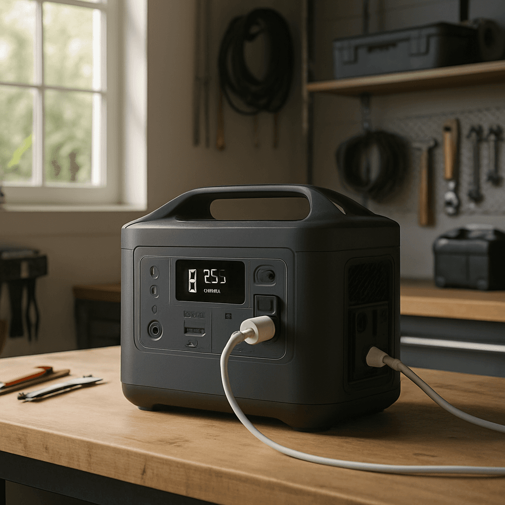 Portable power station on a workbench in a garage