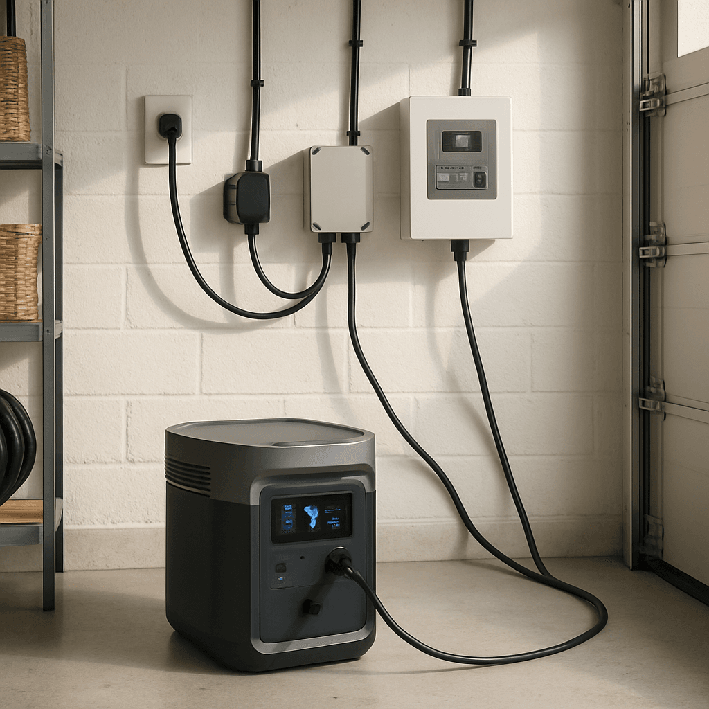 Portable power station set up for home backup in a garage