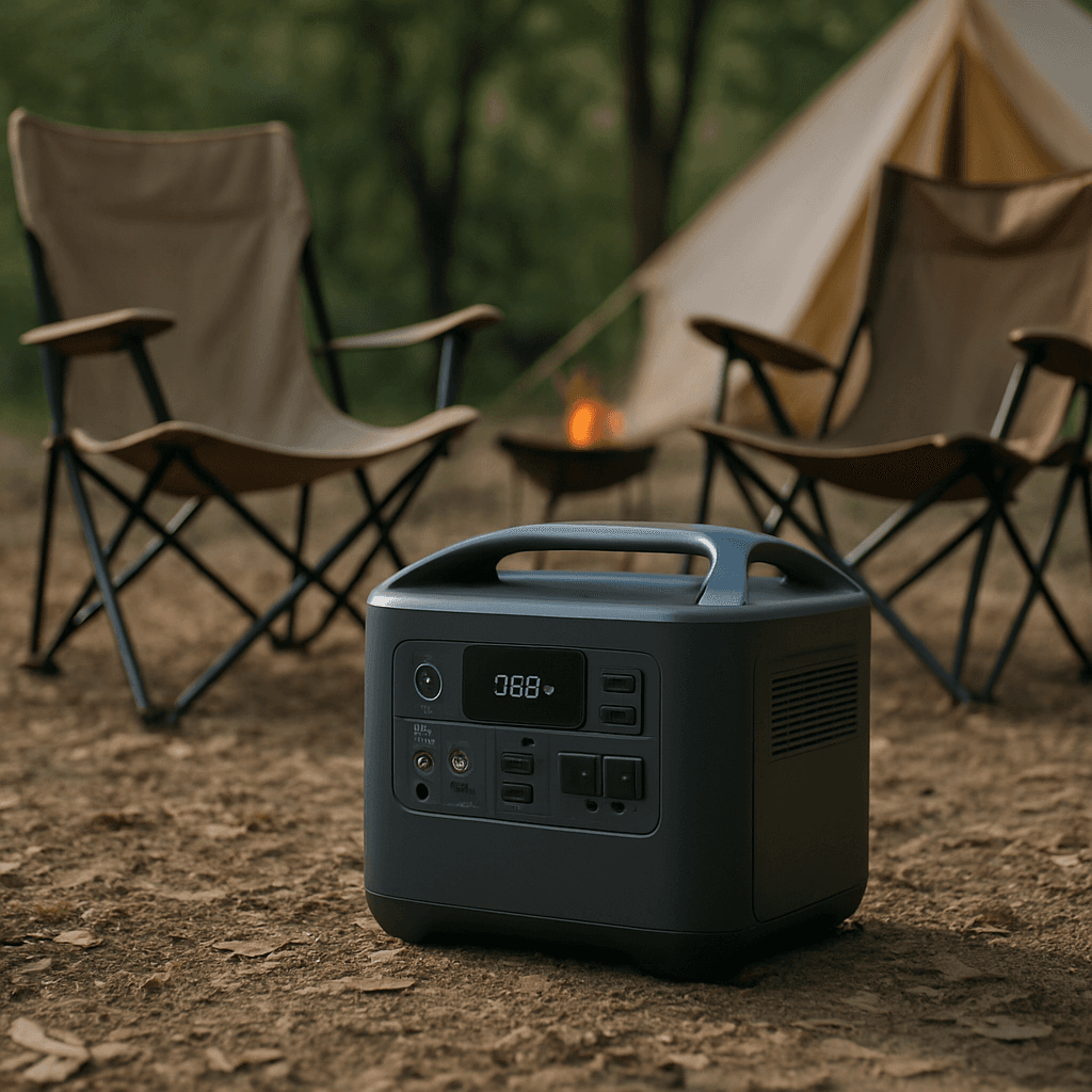A portable power station at an outdoor camp setting