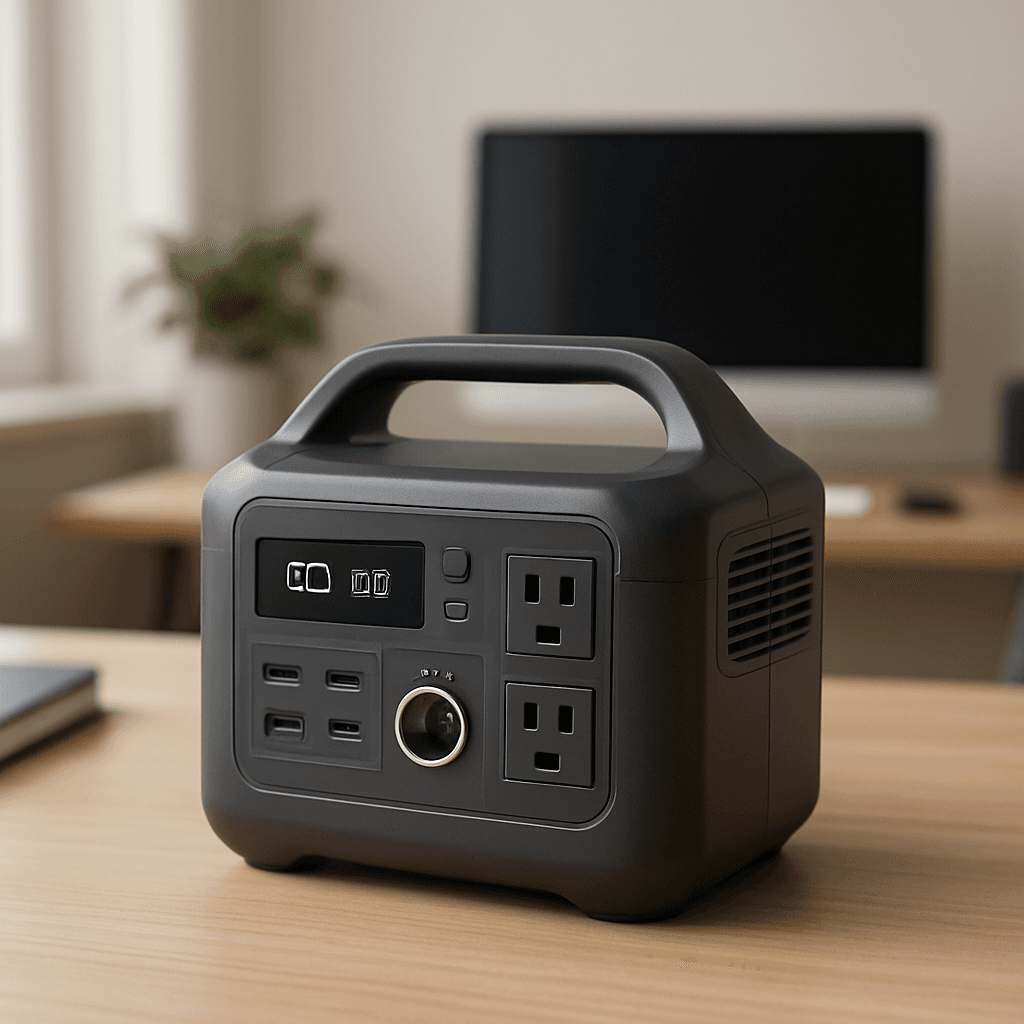 A modern portable power station on a home office desk