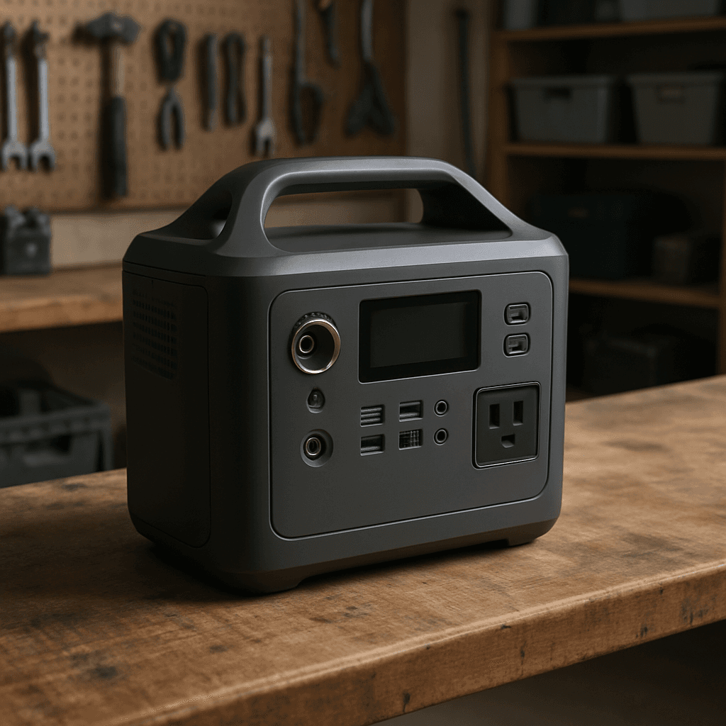 A portable power station on a workbench in a garage