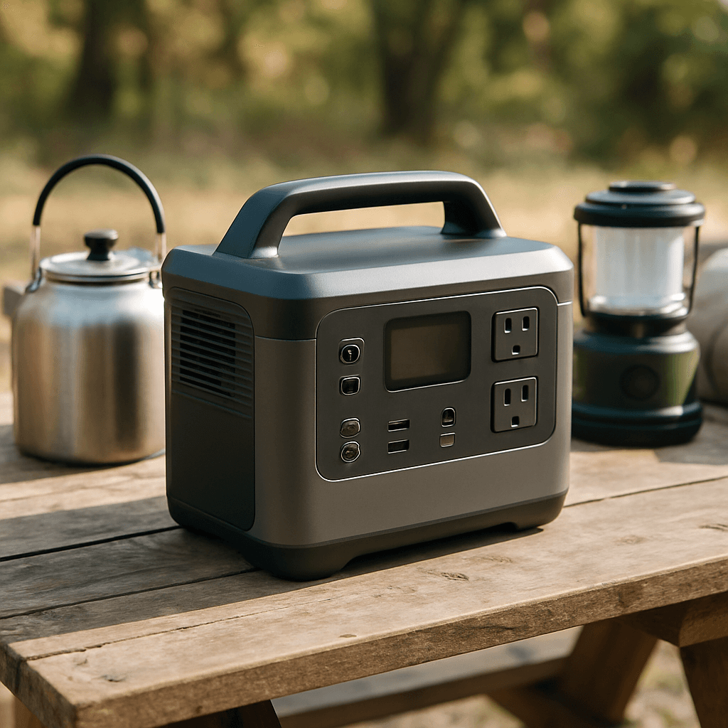 A portable power station on a rustic outdoor table with camping gear