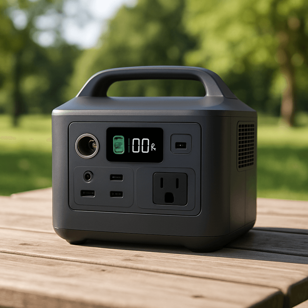 A compact portable power station on a picnic table outdoors