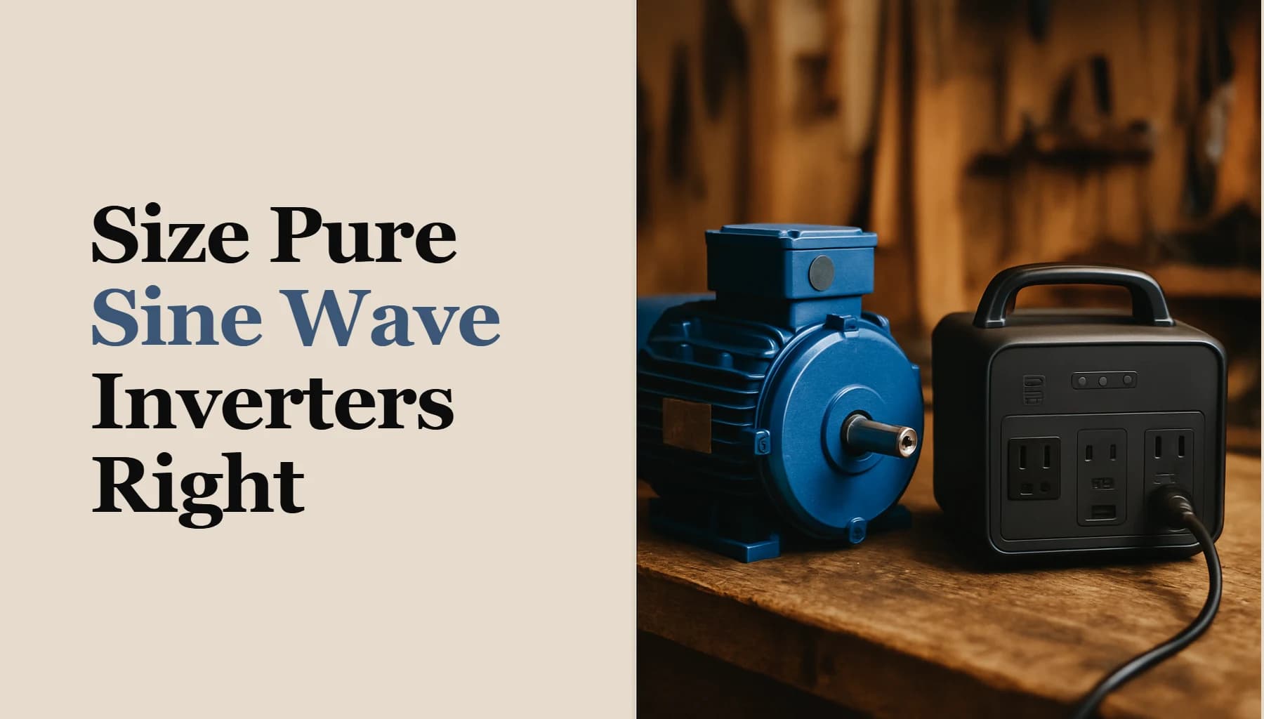 Size pure sine wave inverters right - a blue electric motor beside a portable power station inverter on a wooden workbench