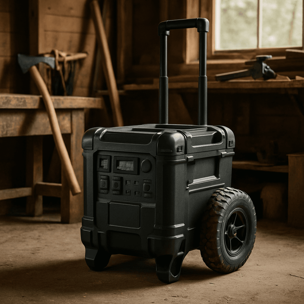 A rugged wheeled portable power station in an off-grid workshop setting