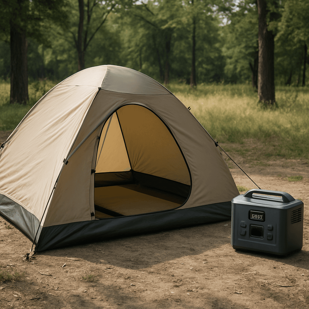 A solo camper's tent setup with a portable power station