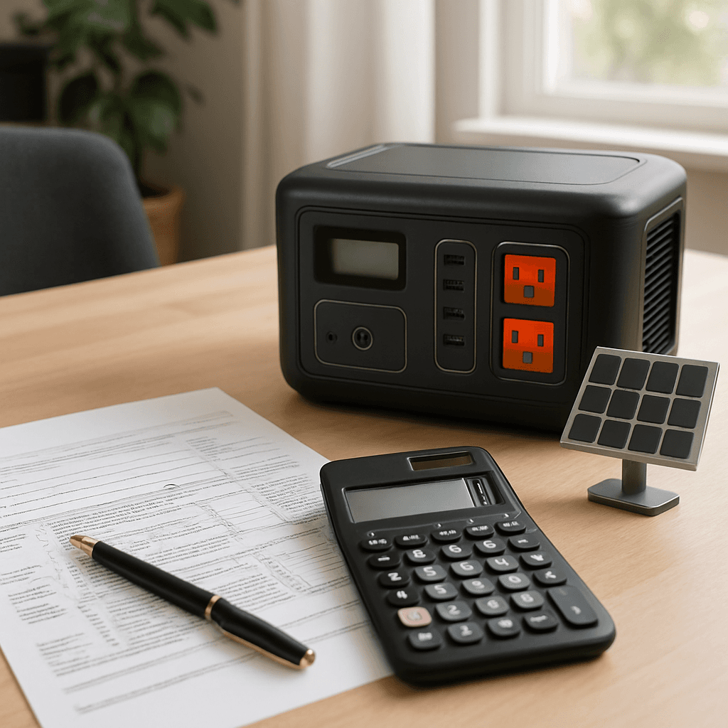 A tax form and calculator next to a small portable power station
