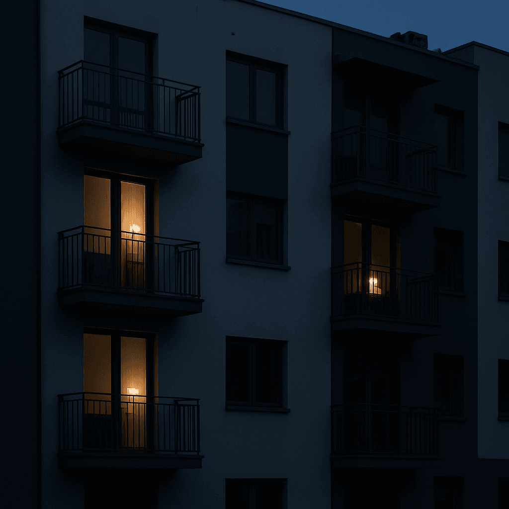 Modern apartment building at dusk during a neighborhood power outage