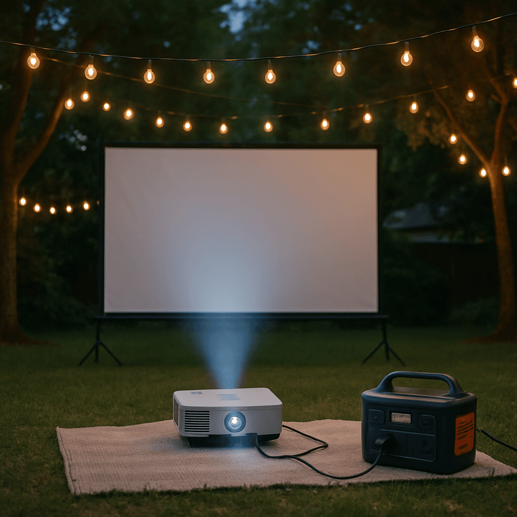 A backyard movie night powered by a portable power station