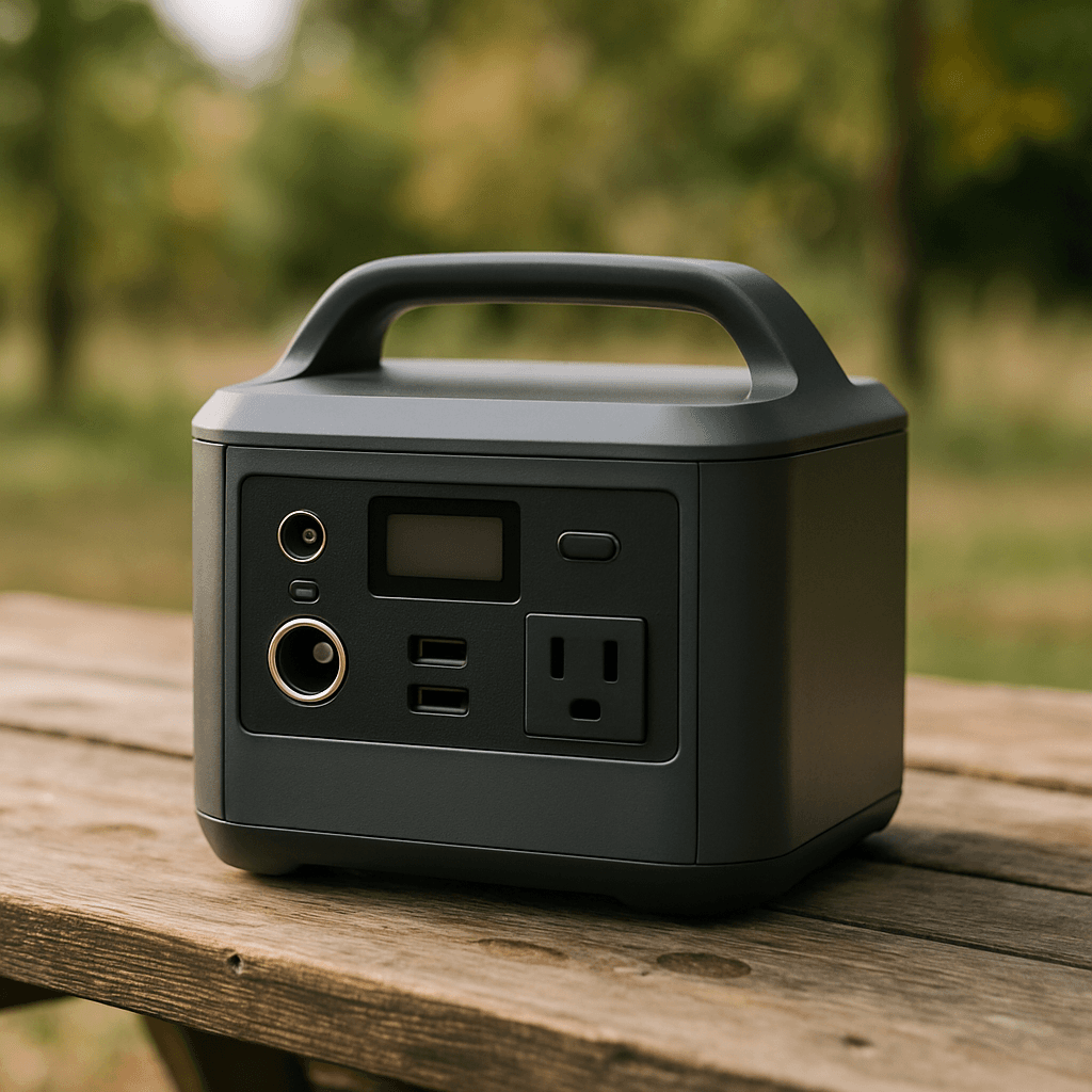 A compact portable power station on a wooden table outdoors