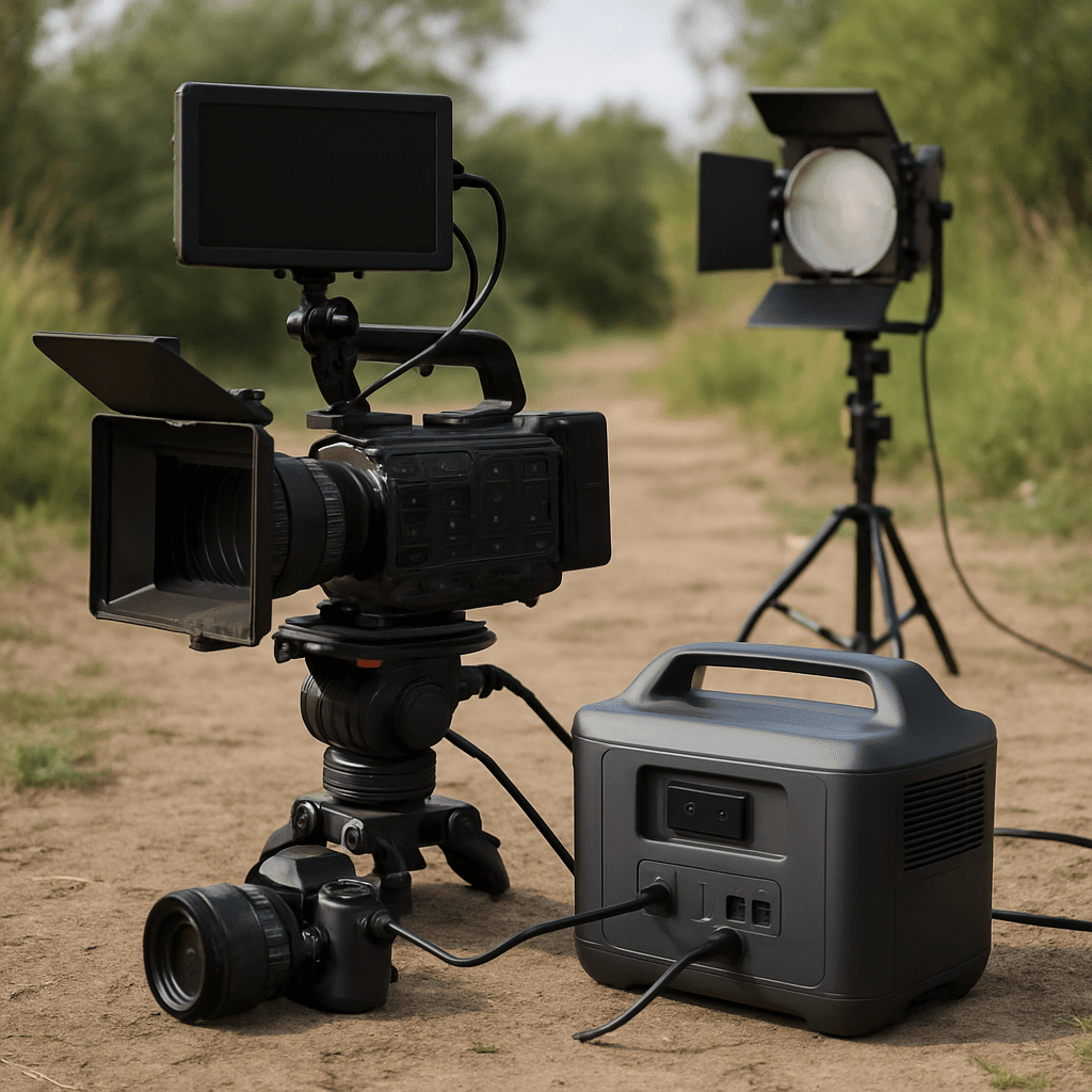 Camera and video equipment on location powered by a power station