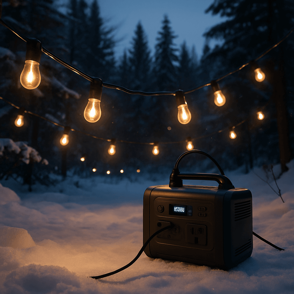 String Christmas lights powered by a portable power station outdoors