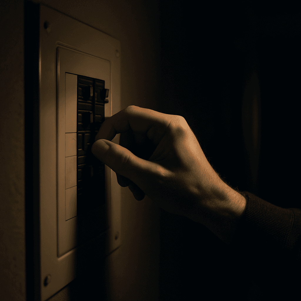 Hand flipping a switch on a home circuit breaker panel