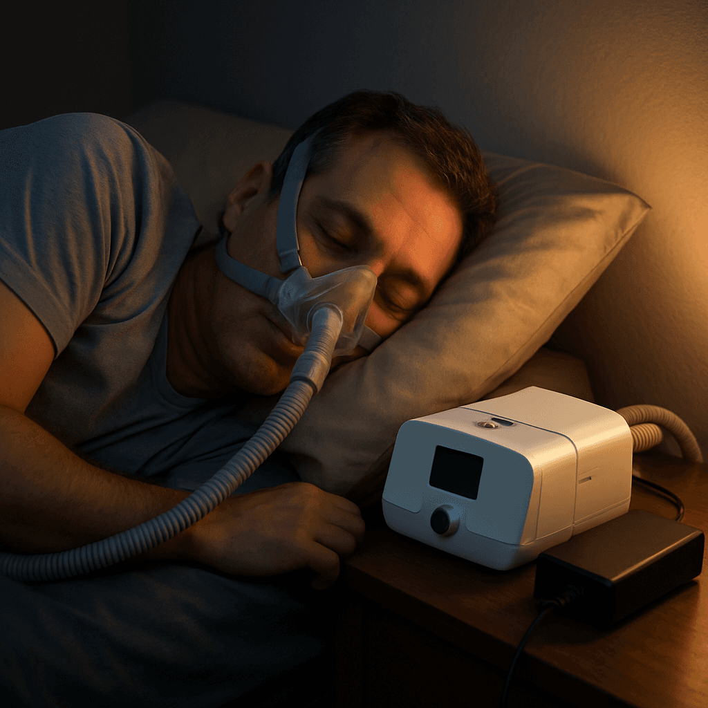 A CPAP machine running on battery power at the bedside during an outage