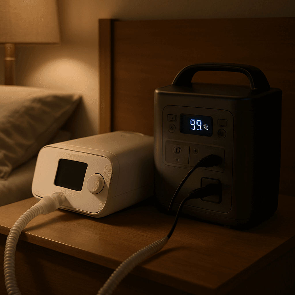 A CPAP machine on a nightstand connected to a portable power station