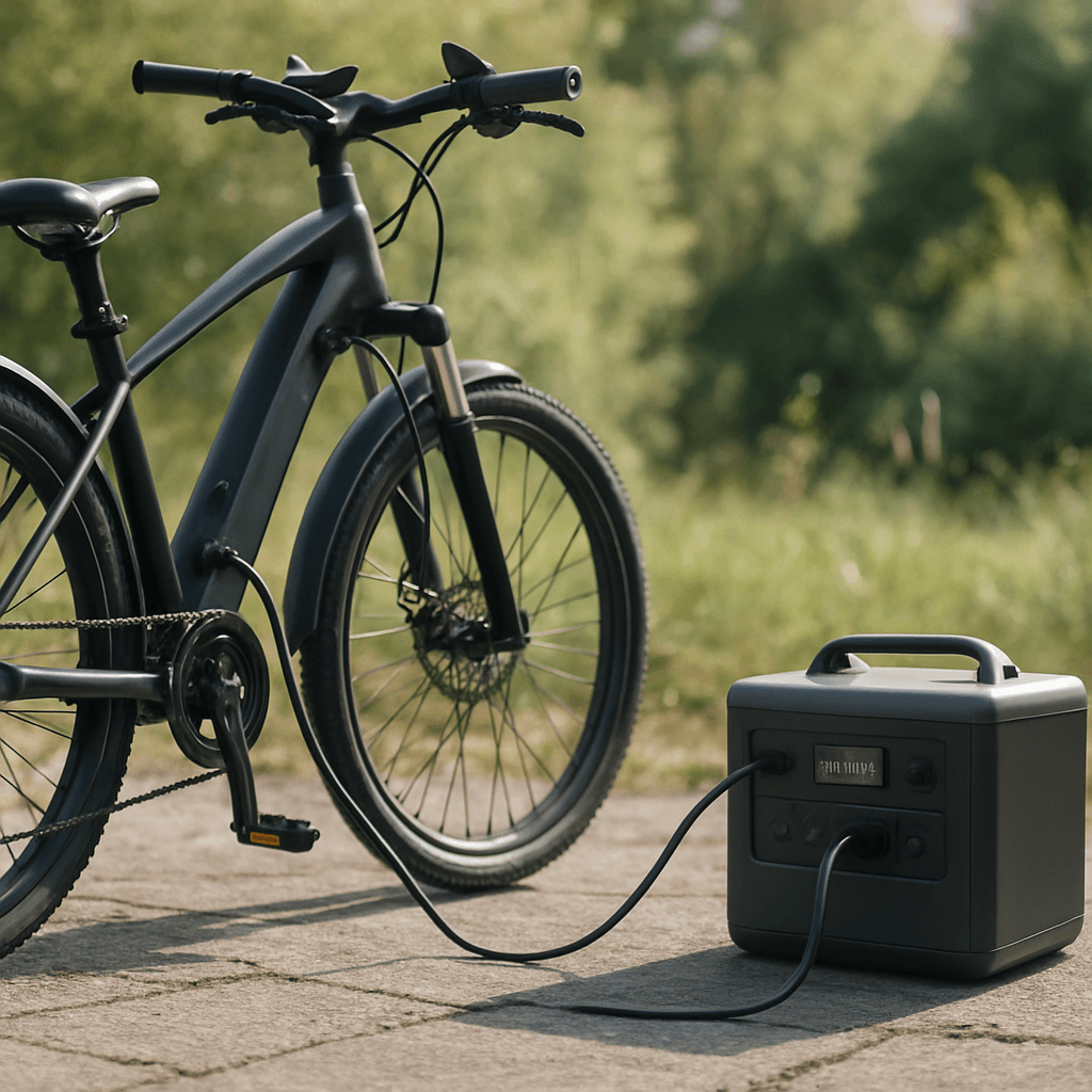 An electric bike parked next to a portable power station charging