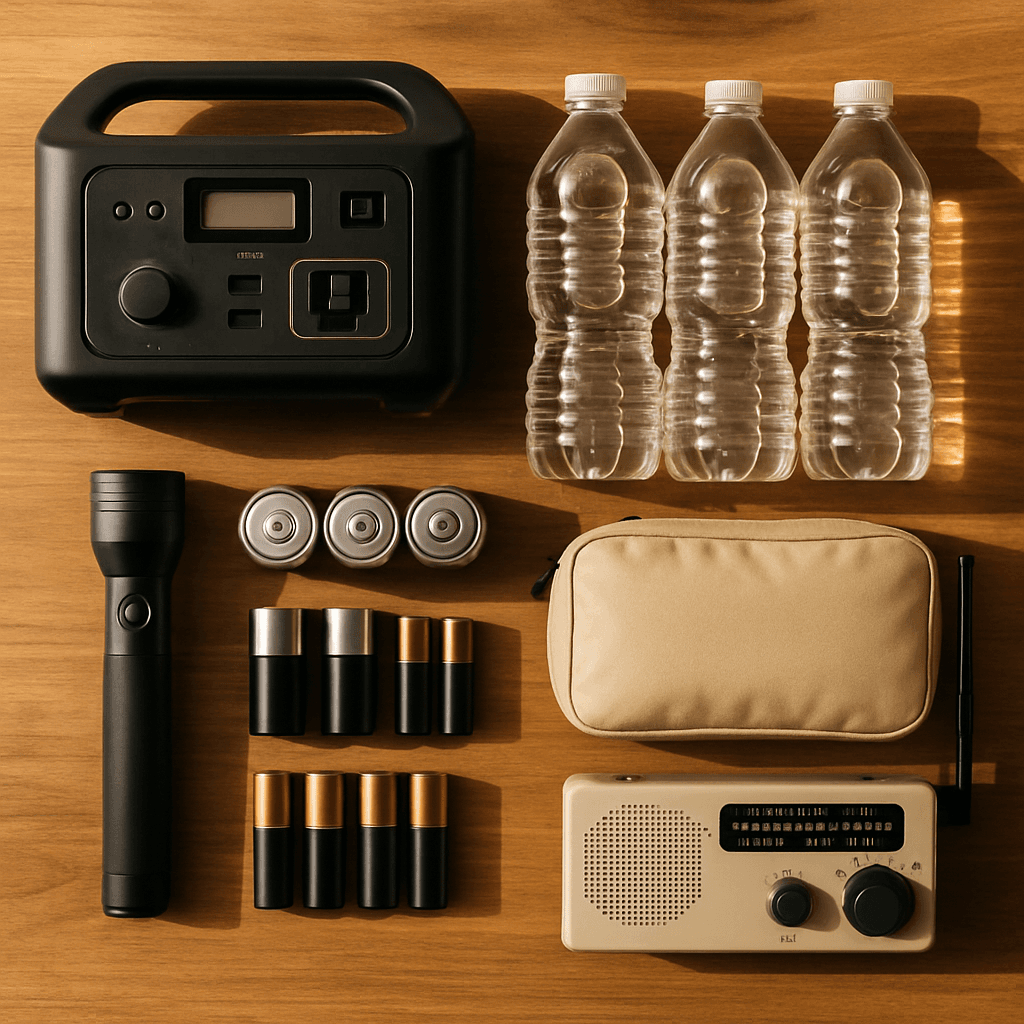 Flat lay of an emergency power kit with a power station, flashlight, batteries, and radio