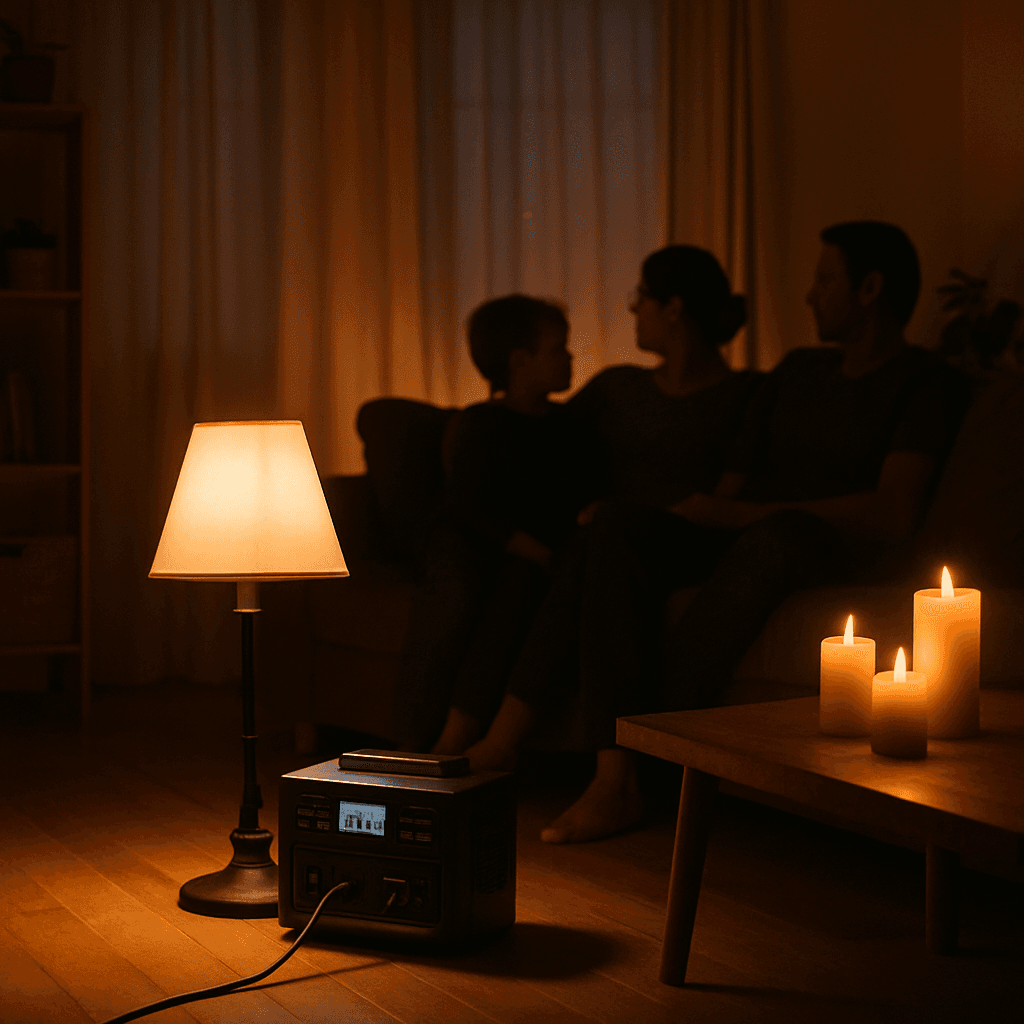 Family in a living room powered by a portable power station during an outage