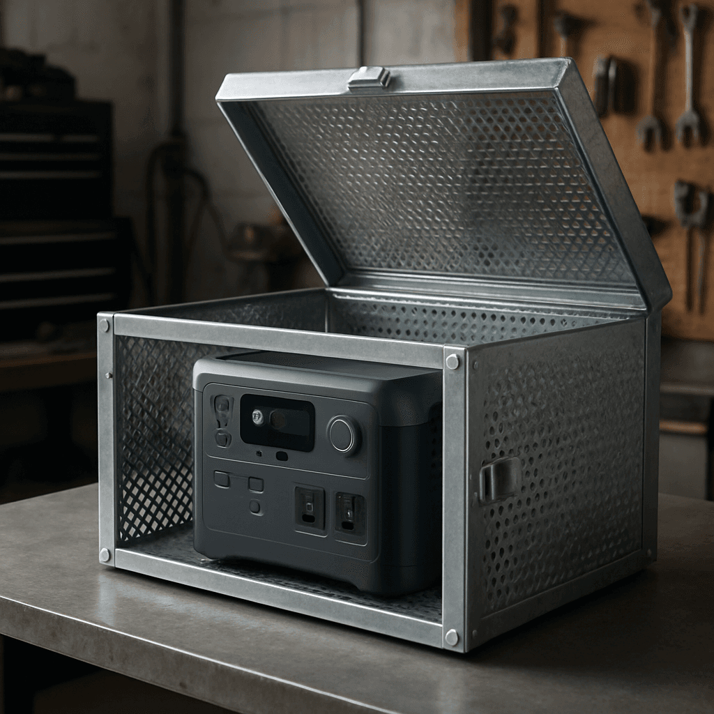 A metal Faraday cage box with a portable power station inside