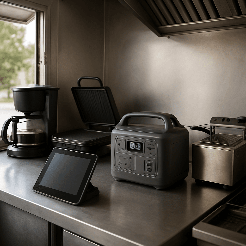 Inside a food truck kitchen with a portable power station