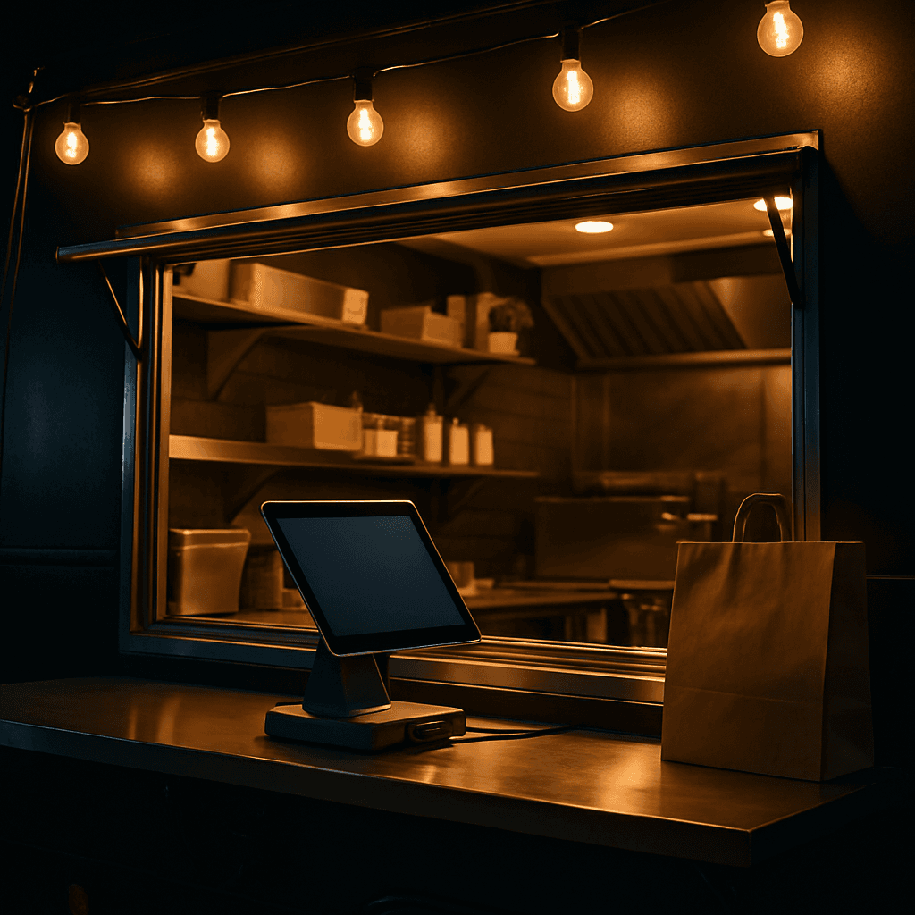 A food truck serving window at night with a powered setup