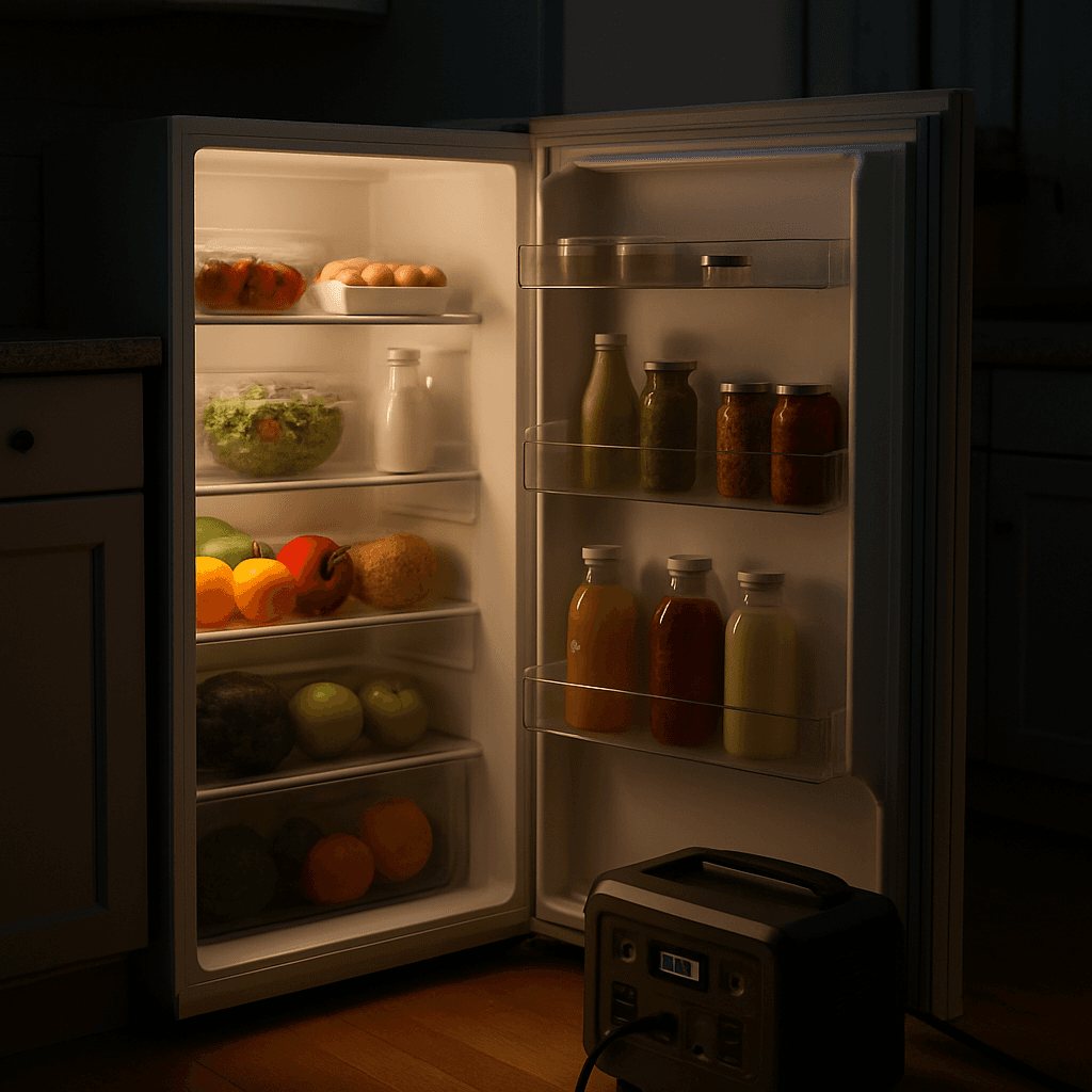 An open refrigerator with a portable power station during an outage