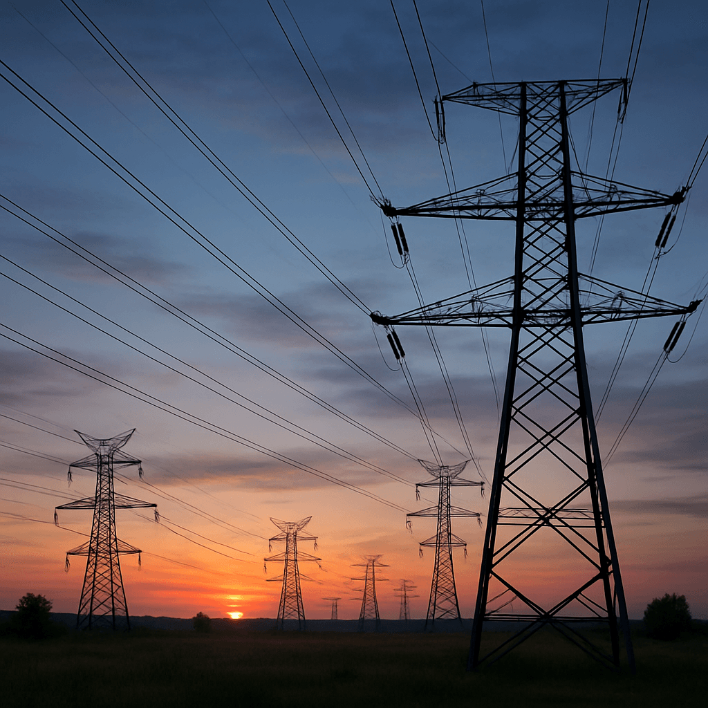Power lines and transmission towers stretching across a landscape