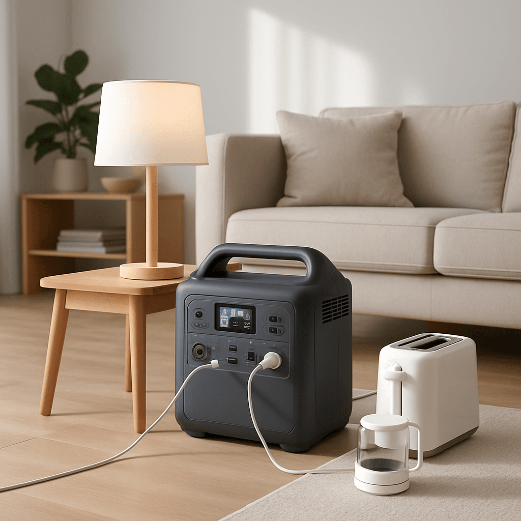 A portable power station in a home living room for backup power