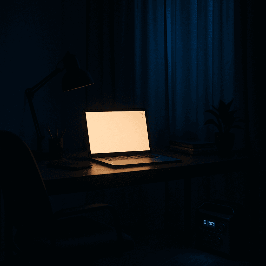Laptop running on battery power at a home office desk during a blackout
