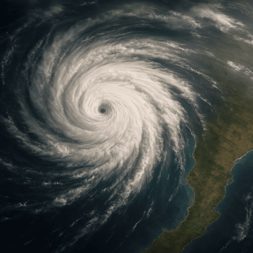 Satellite view of a hurricane approaching a coastline