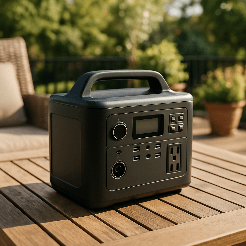 A mid-size portable power station on a patio table outdoors