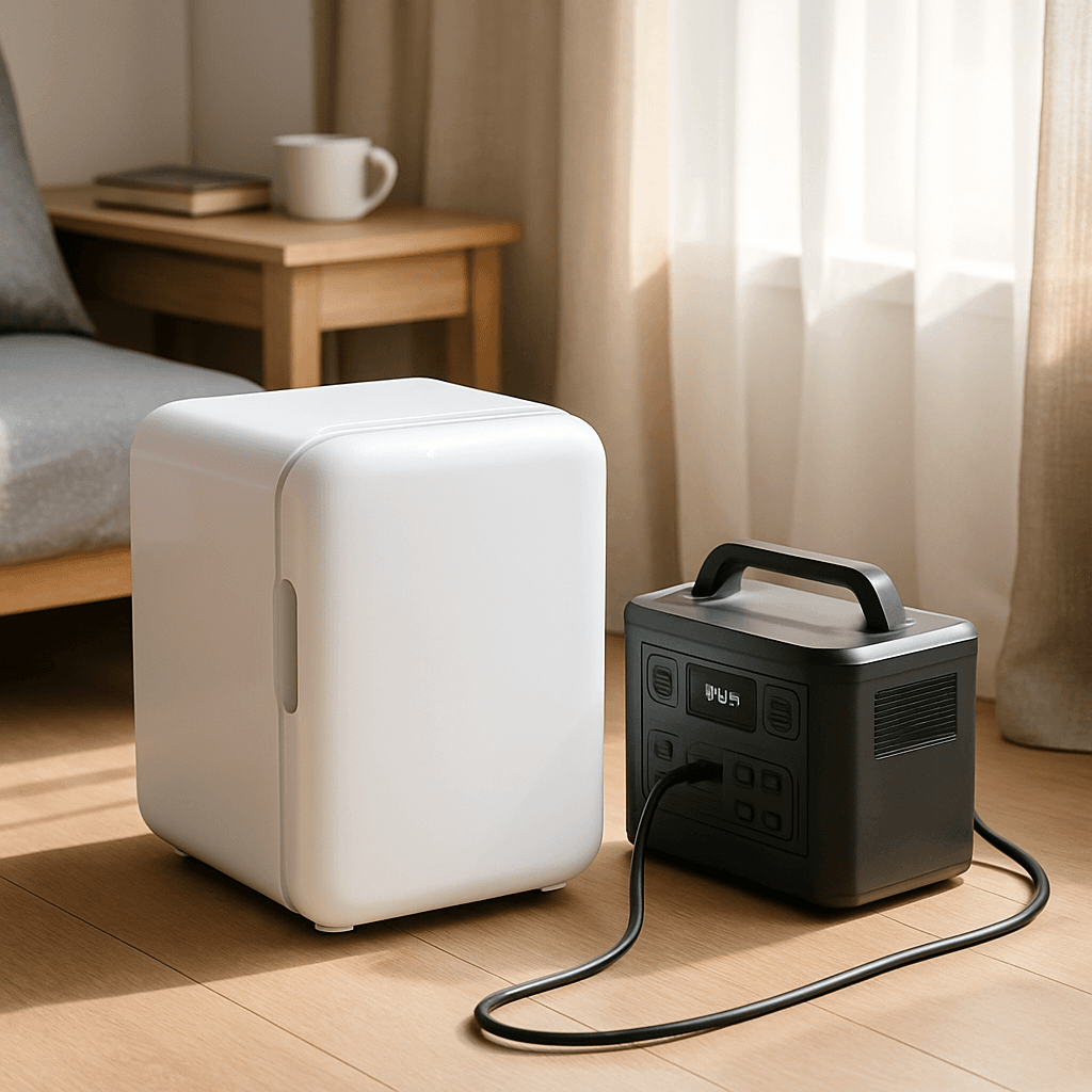 A mini fridge connected to a compact portable power station