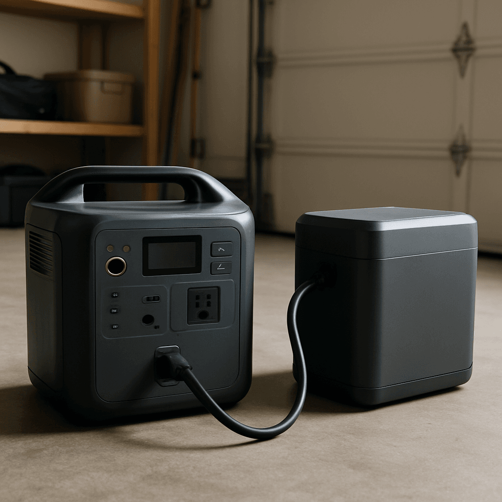 Portable power station with an expansion battery module connected