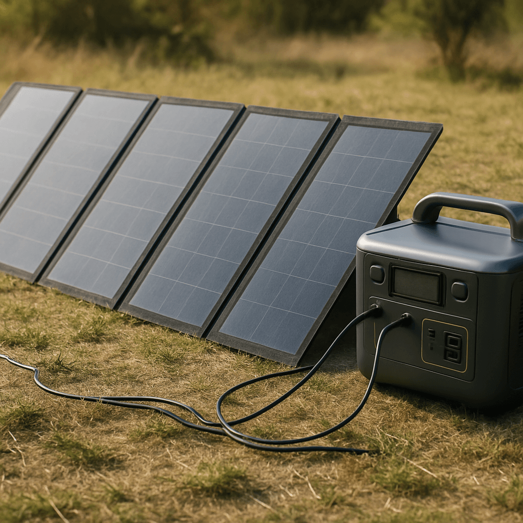 Multiple foldable solar panels connected and charging a power station