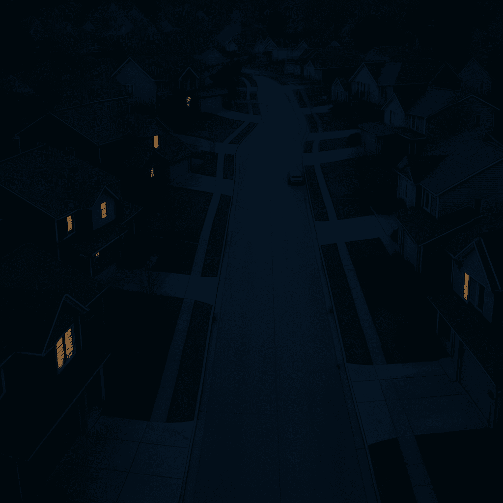 Aerial night view of a neighborhood during a power outage