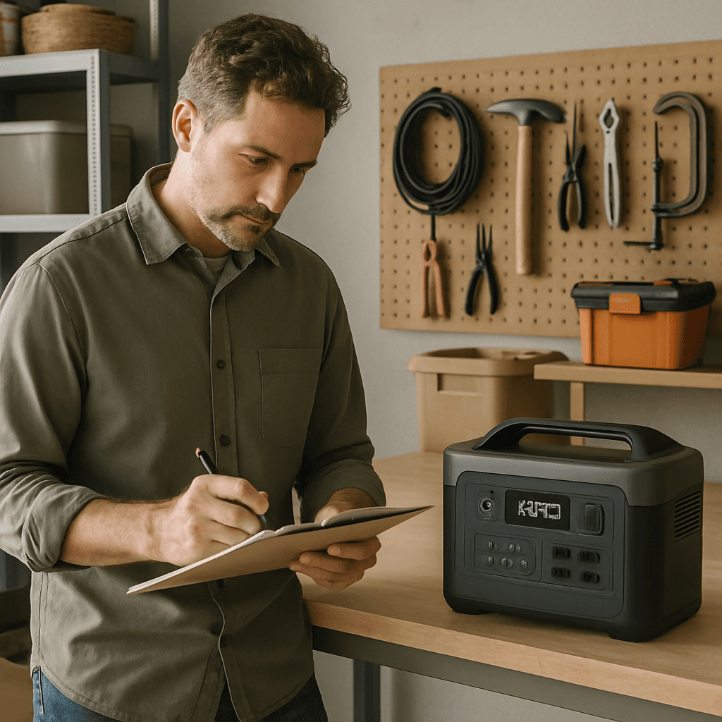 A homeowner reviewing a power preparation checklist in a garage
